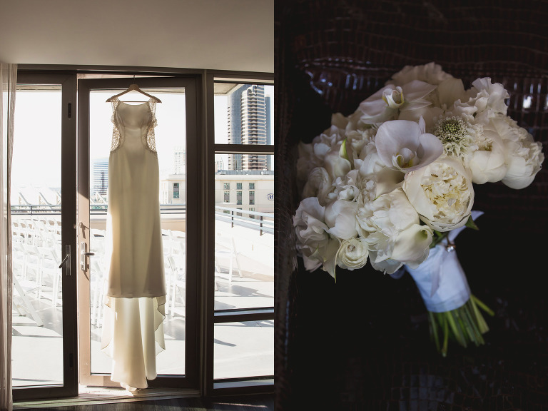 lace wedding dress and white bridal bouquet