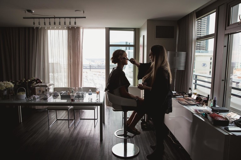 bride getting her make up done in downtown san diego