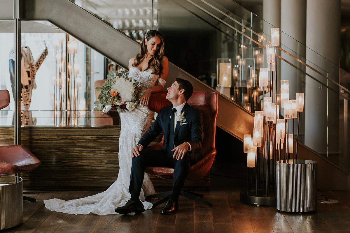 bride and groom in lobby at los angeles hotel